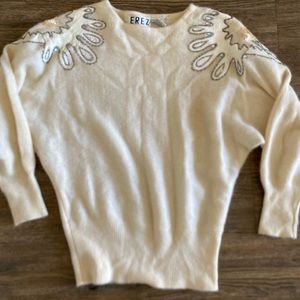 Vintage Erez Sweater Beaded Jeweled Leather Patches Size Medium Lambs Wool